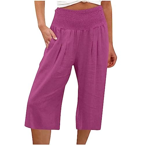 Sktremeuru Women's Summer Loose Wide Leg Linen Palazzo Pants High Waist Flowy Crop