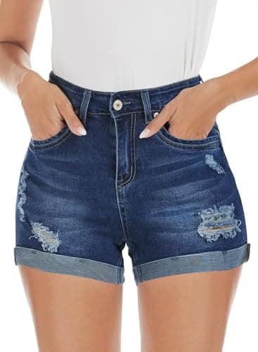 QACOHU Women's Casual Summer Denim Shorts Mid-Waisted Ripped Stretch Jeans