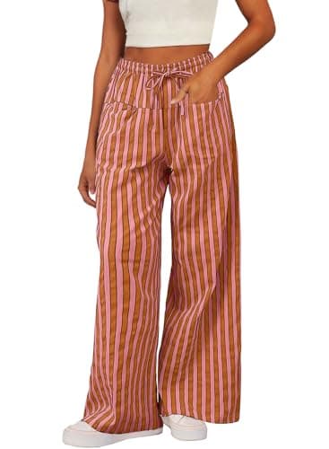 Acelitt Women's Casual Elastic Waist Striped Wide Leg Pants with Pockets, S-XXL