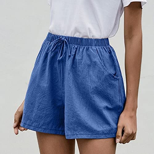 Sktremeuru High-Waisted Linen Shorts for Women Elastic Waist Drawstring Wide Leg Summer Fashion