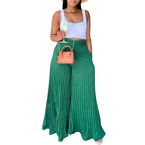 Lexiart High-Waisted Chiffon Pleated Wide Leg Palazzo Pants