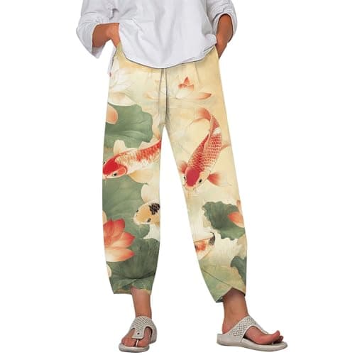 HOTYD Japanese Linen Pants for Women Summer Baggy Capri Trouser with Pockets