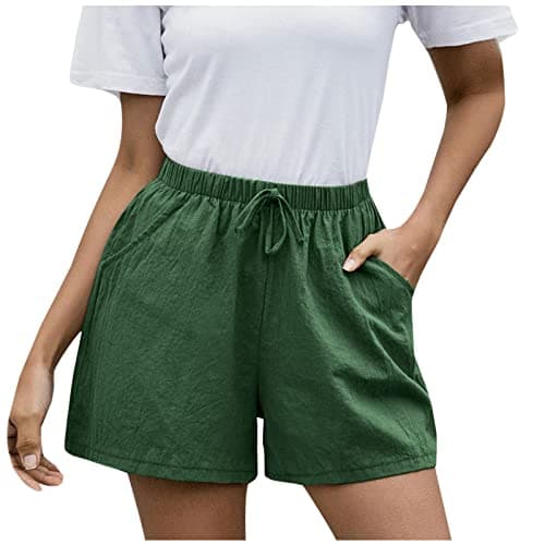 Sktremeuru High-Waisted Linen Shorts for Women Elastic Waist Drawstring Wide Leg Summer Fashion