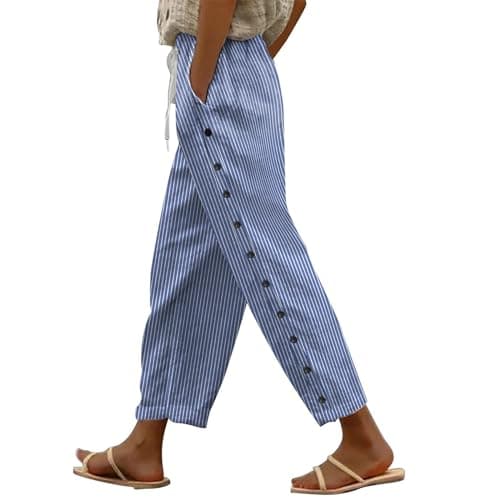 Boho Striped Linen Pants for Women Summer Casual Beach