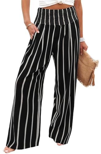 Bbkkuck Women's Elastic High-Waisted Wide Leg Palazzo Pants with Pockets