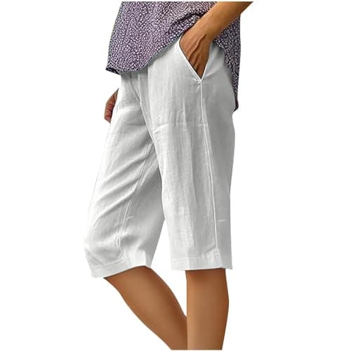 Sktremeuru Women's Summer Elastic Waist Cotton Linen Short Pants Plus Size