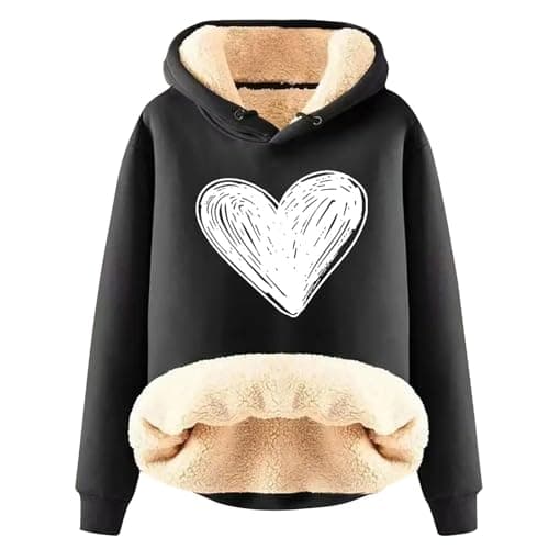 Warm Heart Print Fleece Hoodie for Women Winter Casual Pullovers