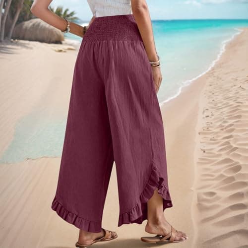 Yxzogd Women's Stretch Smocked Wide Leg Linen Palazzo Pants Ruffle Hem Summer Trousers