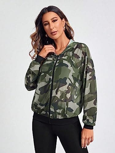 Milumia Women's Camo Sheer Workout Zip-Up Long Sleeve Hoodie