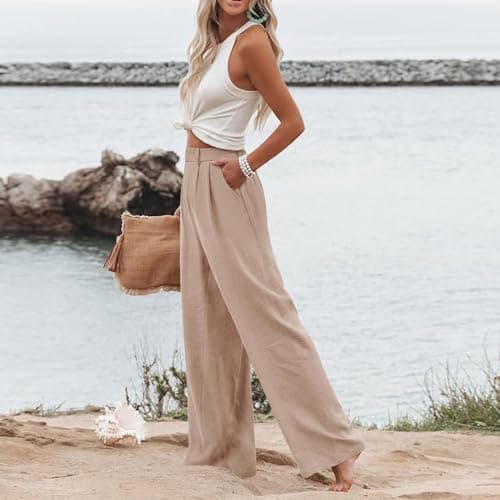 Stylish Women's Wide Leg Office Pants with Pockets Solid Slacks