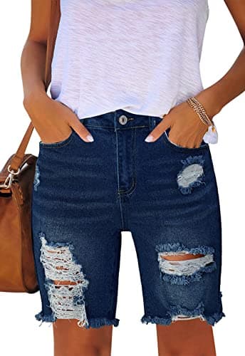 Metietila Women's Ripped Mid-Rise Denim Bermuda Shorts