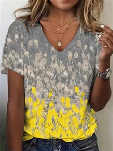 Akivide Boho Floral V-Neck Summer Tunic Shirt Plus Size