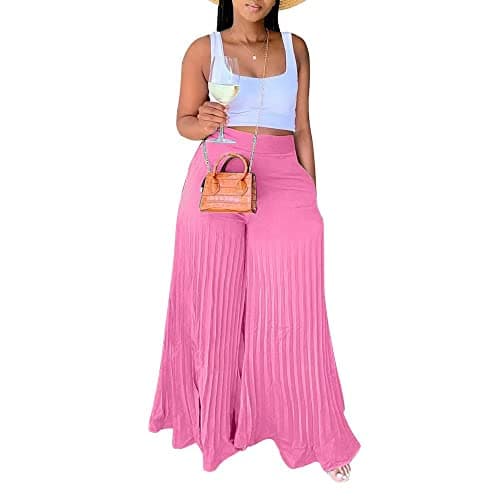 Lexiart High-Waisted Chiffon Pleated Wide Leg Palazzo Pants