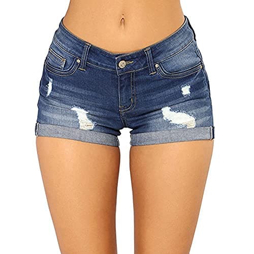 Blostirno Women's Casual Mid Rise Ripped Denim Shorts with Pockets
