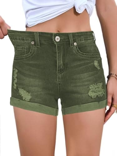 FEKOAFE 2025 Women's Summer Mid/High-Waisted Ripped Denim Shorts