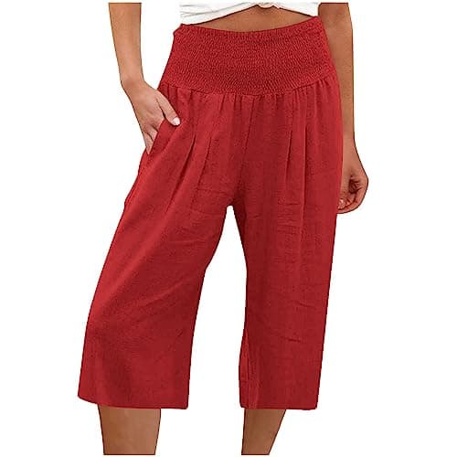 Sktremeuru Women's Summer Loose Wide Leg Linen Palazzo Pants High Waist Flowy Crop
