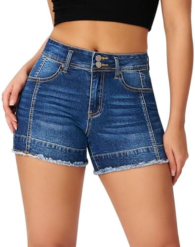 Rosswear Women's High Waisted Stretch Frayed Hem Summer Denim Jean Shorts