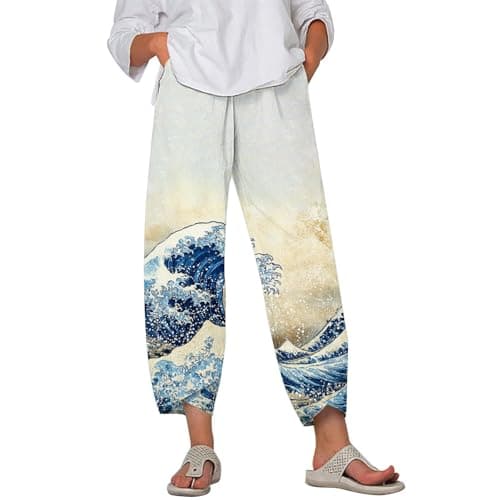 HOTYD Japanese Linen Pants for Women Summer Baggy Capri Trouser with Pockets