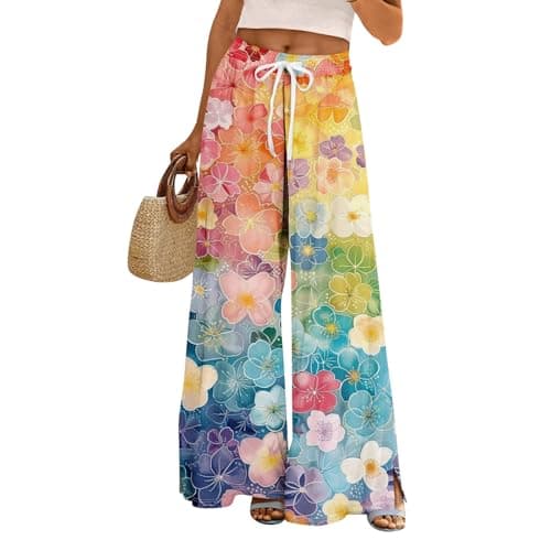 Elastic High Waisted Floral Print Wide Leg Linen Pants with Pockets