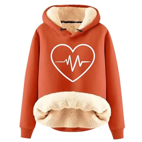 Warm Heart Print Fleece Hoodie for Women Winter Casual Pullovers