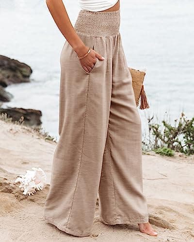 Angerella Women's Elastic High Waist Palazzo Pants with Pockets