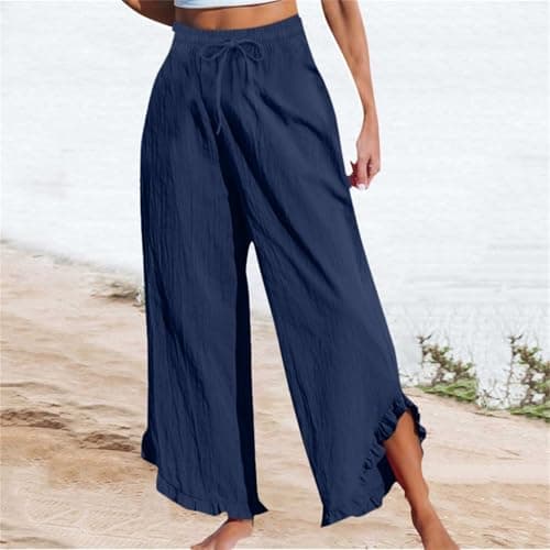 Boho Wide Leg Smocked Waist Linen Pants for Summer Vacation