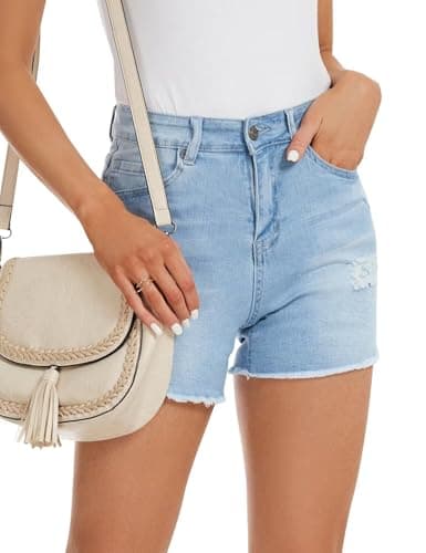 QACOHU Women's Casual Summer Denim Shorts Mid-Waisted Ripped Stretch Jeans