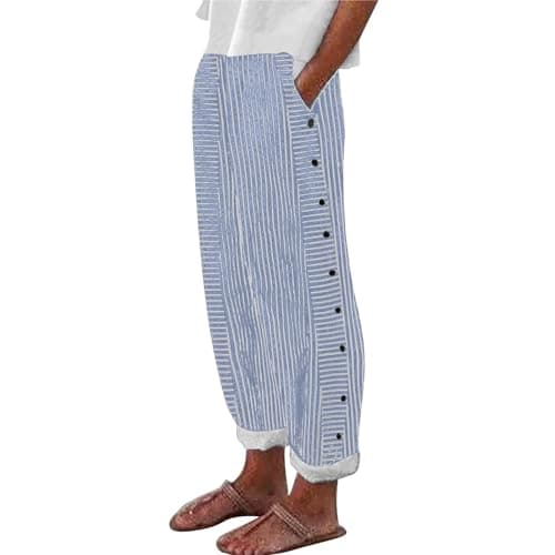 Generic Women's Straight Leg Stripe Cotton Linen Pants