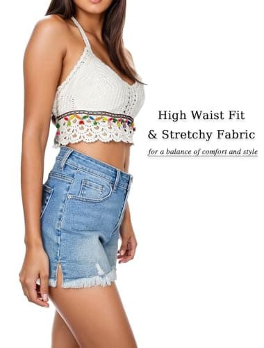 VAYEAH Women's High-Waisted Ripped Denim Shorts Stretchy