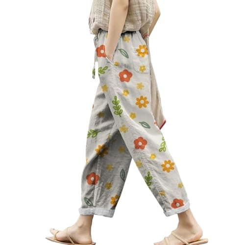 Boho Striped Linen Pants for Women Summer Casual Beach