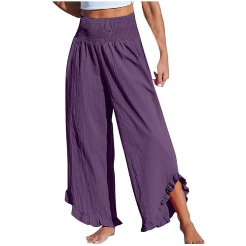Boho Wide Leg Smocked Waist Linen Pants for Summer Vacation