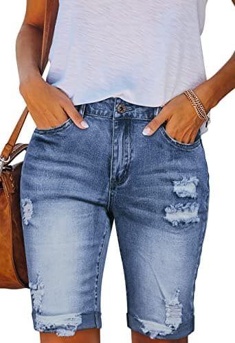 HUUSA Women's High Waist Ripped Denim Mid-Thigh Shorts with Pocket