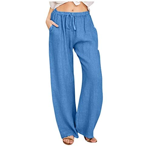 Yxzogd Women's Wide Leg Elastic Drawstring Linen Pants with Pockets