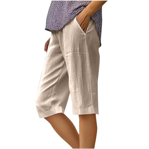 Sktremeuru Women's Summer Elastic Waist Cotton Linen Short Pants Plus Size