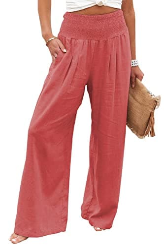 GLIENST Women's High Waisted Smocked Linen Palazzo Pants with Pockets S-2XL