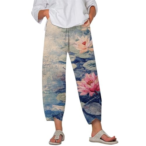 HOTYD Japanese Linen Pants for Women Summer Baggy Capri Trouser with Pockets