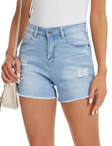 QACOHU Women's Casual Summer Denim Shorts Mid-Waisted Ripped Stretch Jeans