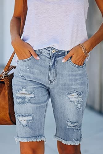 Metietila Women's Ripped Mid-Rise Denim Bermuda Shorts