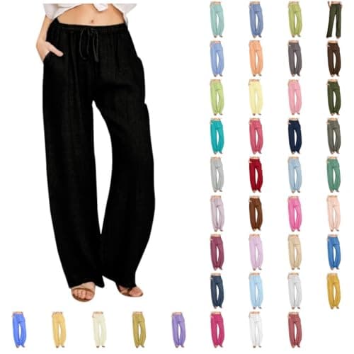 Yxzogd Women's Wide Leg Elastic Drawstring Linen Pants with Pockets