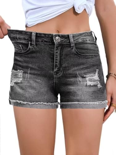FEKOAFE 2025 Women's Summer Mid/High-Waisted Ripped Denim Shorts