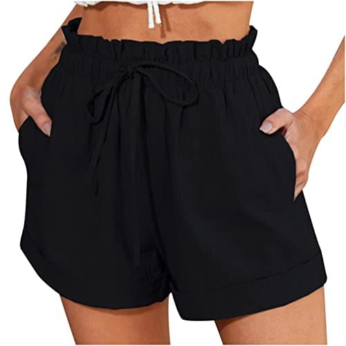 Sktremeuru Women's Cotton Linen Paperbag Shorts Elastic Waist DrawstringComfort Summer Pants