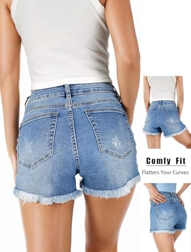 VAYEAH Women's High-Waisted Ripped Denim Shorts Stretchy