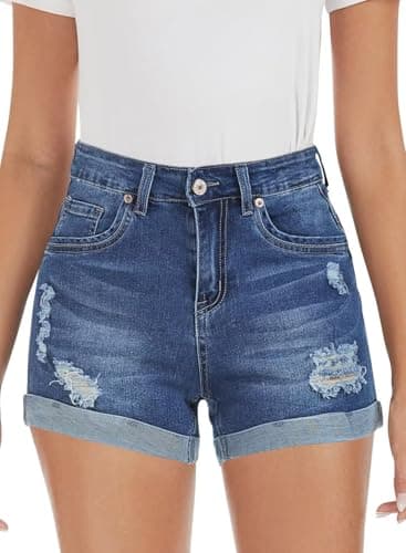 FEKOAFE 2025 Women's Summer Mid/High-Waisted Ripped Denim Shorts