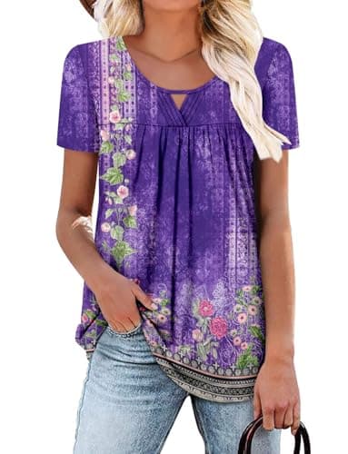 OnlyPuff Women's Pleated Floral Tunic Tops Summer Boho Dress Casual