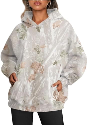 Hudenrtv Women's Camo Hoodie with Maple Leaf Print Fleece Sweatshirt