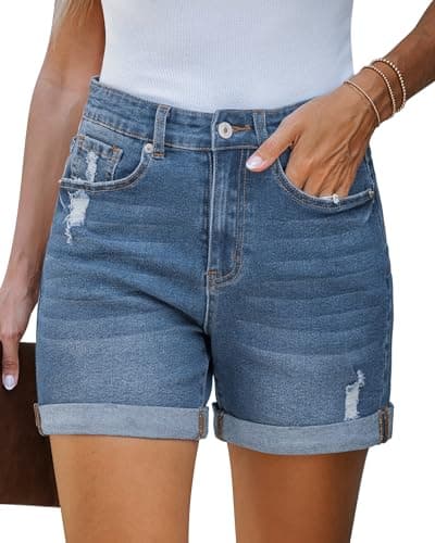 LookbookStore Women's Stretchy High-Waisted Ripped Denim Shorts
