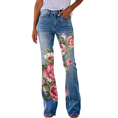 8QIDA Women Cargo Pants Printed Pattern Loose Flared Hem Jeans