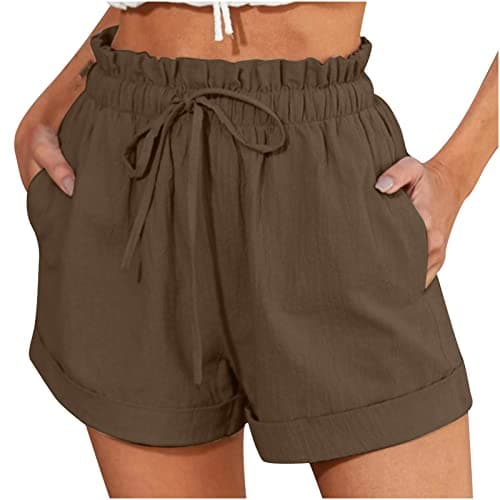 Sktremeuru Women's Cotton Linen Paperbag Shorts Elastic Waist DrawstringComfort Summer Pants