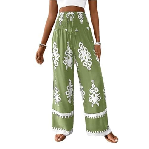 Elastic High Waisted Floral Print Wide Leg Linen Pants with Pockets
