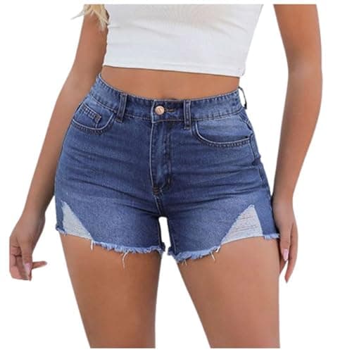Women's Stretchy Mid Rise Ripped Denim Shorts